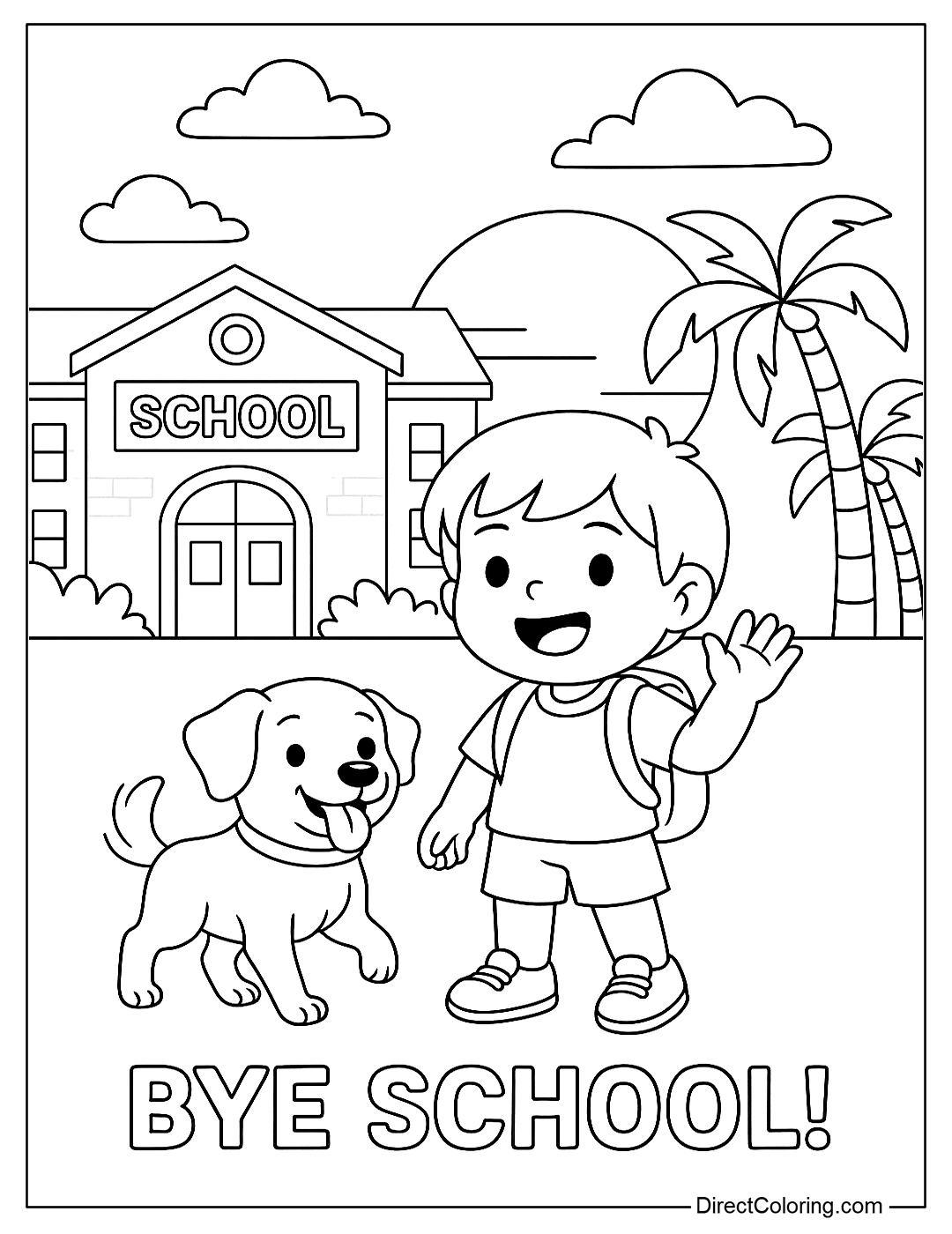 A last day of school coloring page depicting a student with a pet dog, waving goodbye to school with a summer sunset and palm trees